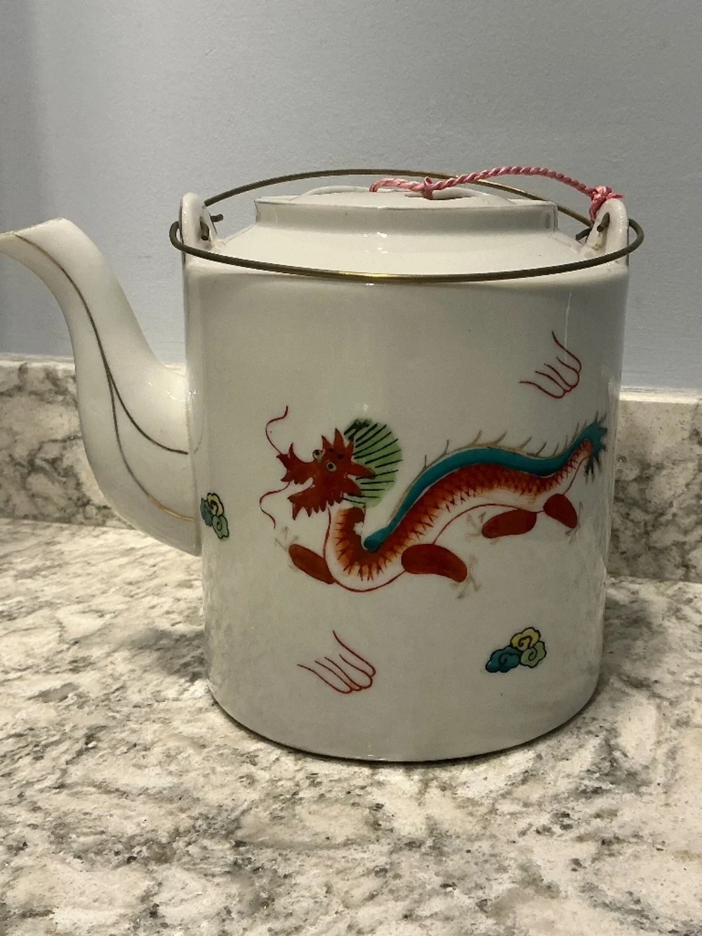 Vintage Japanese Hand Painted Porcelain tea pot w/ Basket